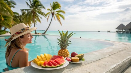 Girl enjoys a fresh fruit plate while relaxing by the pool at a luxury hotel in a tropical paradise