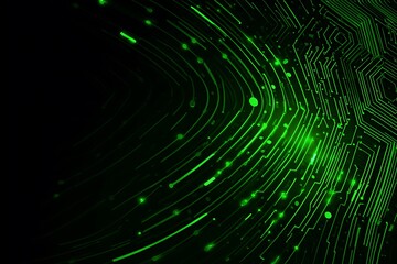 Vibrant green digital circuit board patterns swirl with glowing data streams, representing advanced technology and futuristic innovation in a dark, dynamic cyberspace.