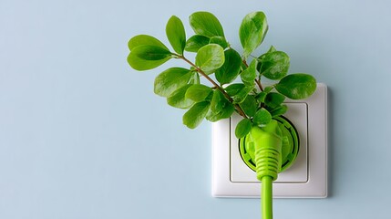 Green plant is growing out of a socket, which is an unusual sight. This scene is quite unusual and interesting
