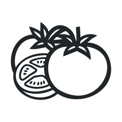 Black and white line art of whole and sliced tomatoes
