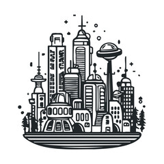 Fototapeta premium Futuristic black and white cityscape with sci-fi architecture and skyscrapers