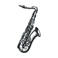 Vintage saxophone illustration with detailed black and white design