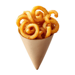 Crispy curly fries in paper cone,  isolated on transparent or white background	
