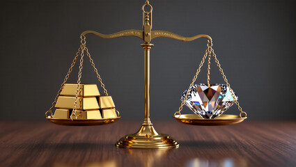 Balancing wealth with gold bars and a sparkling diamond