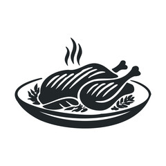 Silhouette of roast chicken on plate with herbs and steam rising