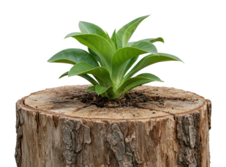 Growing plant on tree stump nature scene natural environment fresh perspective sustainability concept. Cut out png