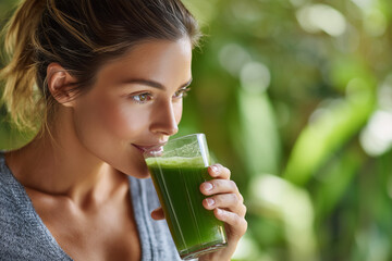 A woman is drinking a green juice