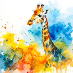 Whimsical giraffe portrait in vibrant watercolor splashes evokes wildlife illustration