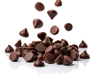 Fototapeta premium A close up shot of falling chocolate chips and a pile of chocolate chips on a white background surface