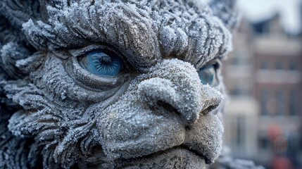Majestic, frost-covered sculpted feline face with piercing blue eyes, detailed texture