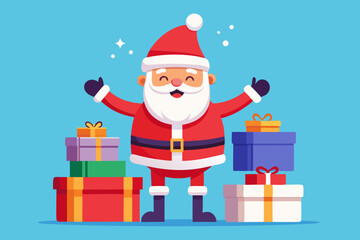 Joyful santa claus with arms raised surrounded by colorful christmas presents on a blue background