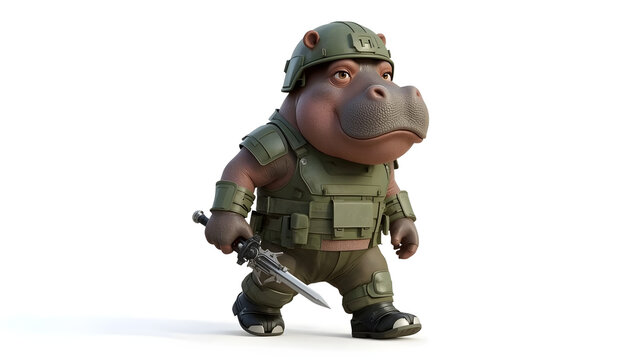 Cute 3D Hippo Soldier in Tactical Armor Walking with Dagger