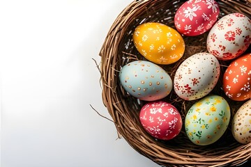 A casual photo of An intricately designed Easter egg nestled in a bed of lush, vibrant grass, surrounded by a variety of springtime blossoms. The egg, a stunning specimen of meticulous craftsmanship, 