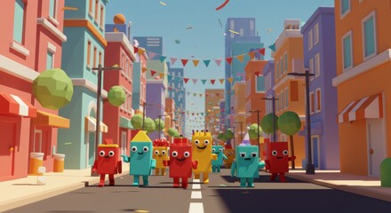 Naklejka premium Cartoon Characters Parade Through Colorful City