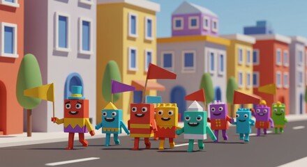 Naklejka premium Colorful Cartoon Characters Marching Through City