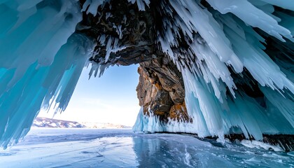 Frozen cave on a frozen lake