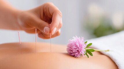 Acupuncture therapy with pink flower on patient’s back