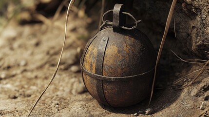 Obraz premium Grenade from trench warfare resting on the ground amidst natural surroundings