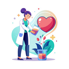 Female doctor carefully pouring medicine from a glass beaker into a glowing heart shape, symbolizing healing and care