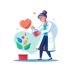 Female doctor carefully pouring medicine from a glass beaker into a glowing heart shape, symbolizing healing and care