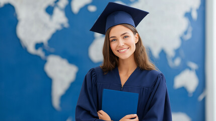 Young woman in graduation gown holding diploma