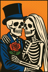 Skeleton Bride and Groom Pop Art Illustration for Halloween, Day of the Dead, gothic weddings, and alternative love-themed designs.