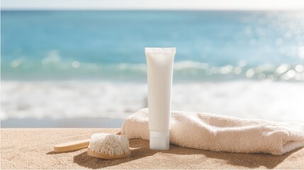 A collection of skincare and spa items on the sand with an ocean in background, embracing tranquility and self-care. The soft, natural lighting enhances the sense of relaxation and well-being.