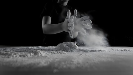 Obraz premium Close up of hands sifting flour or powder against a dark background