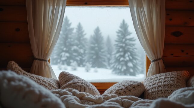 View of snowy pine trees through a cabin window with comfortable pillows and blankets for winter relaxation concept