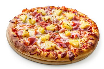 Close-up of Hawaiian pizza topped with ham and pineapple slices