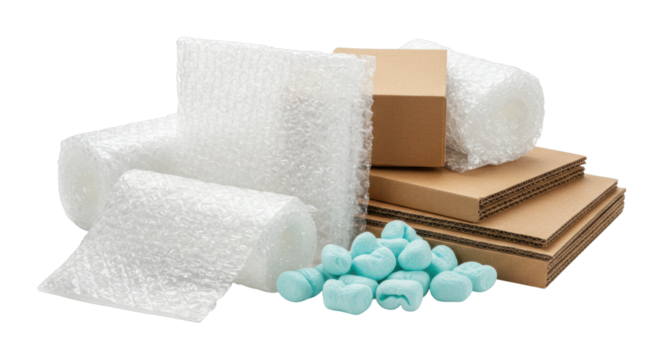 Packing materials for safe shipping warehouse product indoor space shipping efficiency. Cut out png