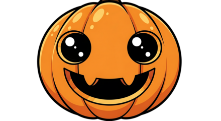 Illustration of cute cartoon halloween pumpkin character with a big smile and large eyes, isolated on transparent background