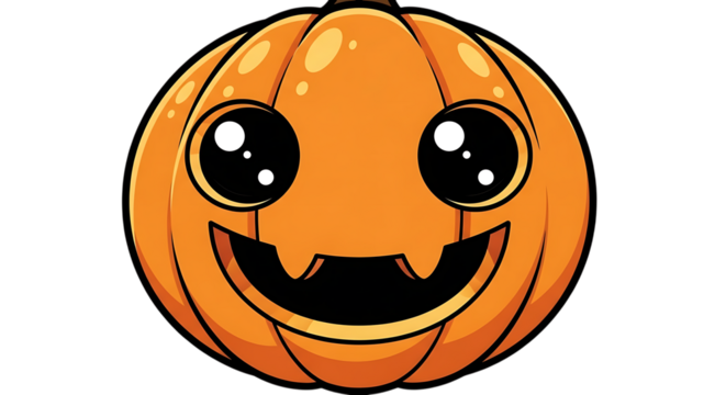 Illustration of cute cartoon halloween pumpkin character with a big smile and large eyes, isolated on transparent background