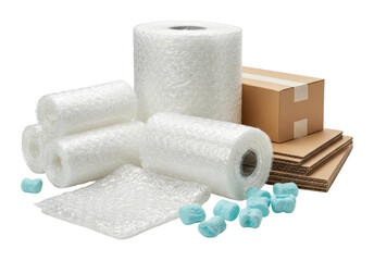 Packaging solutions for safe shipping bubble wrap cardboard boxes and packing peanuts in a warehouse environment. Cut out png
