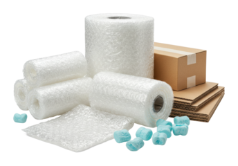 Packaging solutions for safe shipping bubble wrap cardboard boxes and packing peanuts in a warehouse environment. Cut out png