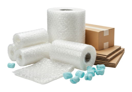 Packaging solutions for safe shipping bubble wrap cardboard boxes and packing peanuts in a warehouse environment. Cut out png