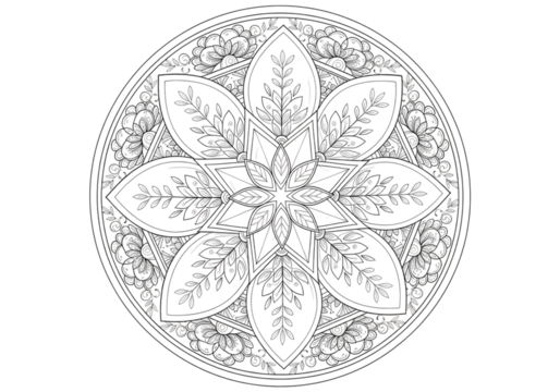 Illustration of intricate floral mandala pattern for coloring, isolated on transparent background