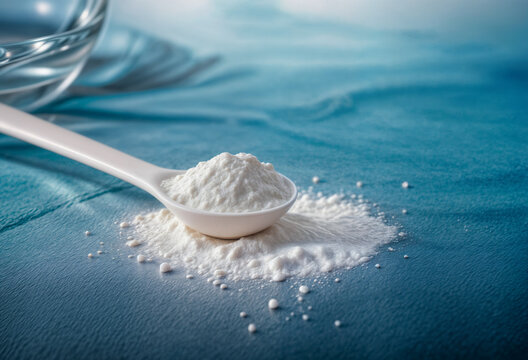 Misurino con polvere di integratore sportivo in studio, concetto creatina/HMB/BCAA per performance e recupero vicino a bicchiere d’acqua. Stile pulito, e-commerce, Food & Medicine.