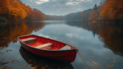 Red rowboat resting on a tranquil lake during autumn, surrounded by colorful trees and a serene atmosphere.