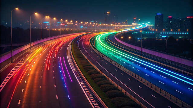 Colorful light trails on a city highway at night. Long exposure photograph of traffic, creating vibrant, abstract lines of light that represent speed, motion, and modern urban life.