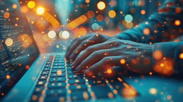 Typing on a laptop with abstract glowing light effects, programming and coding in a digital environment.