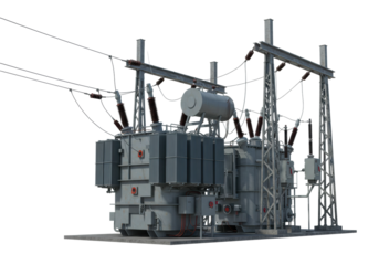 Electric transformer installation and operation industrial site 3d model urban environment side power distribution. Cut out png