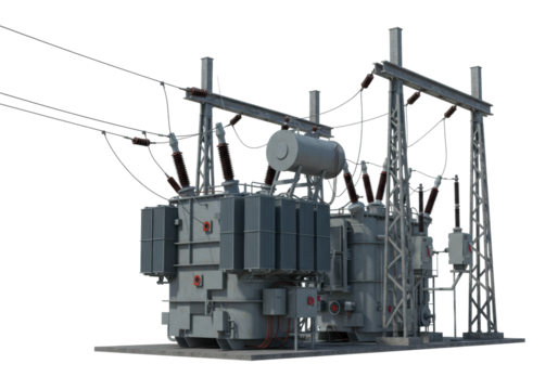 Electric transformer installation and operation industrial site 3d model urban environment side power distribution. Cut out png