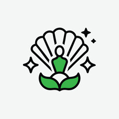 Stylized Green Humanoid Figure in Seashell with Stars and Leaves Icon symbol