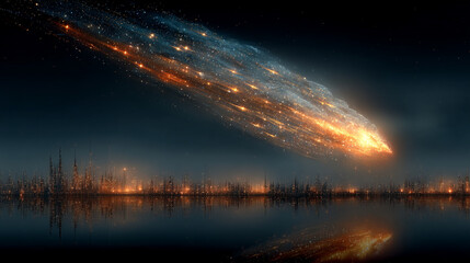 Dynamic lines forming the shape of a comet streaking across a dark background. The sleek, flowing design evokes speed, motion, and cosmic energy with ample caption space on the side for text.


