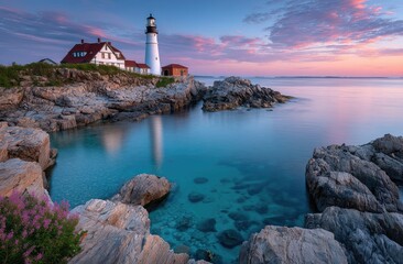 The lighthouse at the mouth of two Maine coves, with rocky cliffs and buildings in front of it, at sunrise