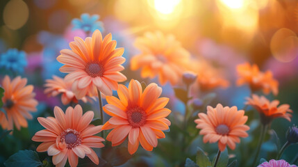 Fototapeta premium Field of vibrant orange and blue flowers in soft sunlight, capturing the beauty of nature in bloom.