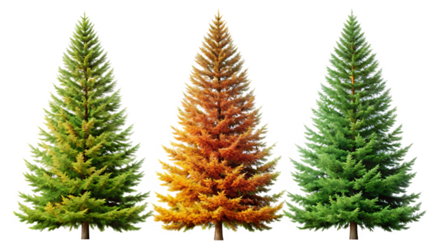 Three different evergreen trees, one in autumn colors, isolated on transparent background