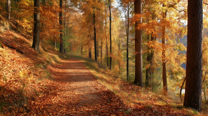 Obraz premium Autumn trail walk through vibrant forest scenic landscape nature