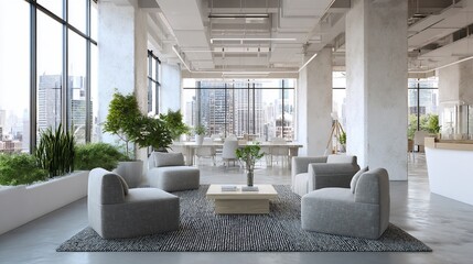 Fototapeta premium Office space Relaxing group area with seating and cityscape view